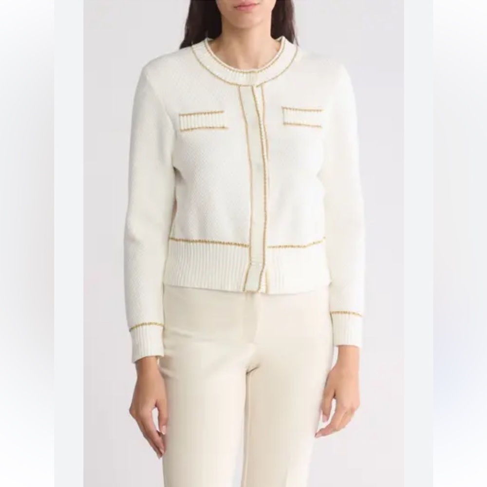 Adrianna Papell Ivory Gold Metallic Knit Cropped Cardigan Sweater Large Coquette